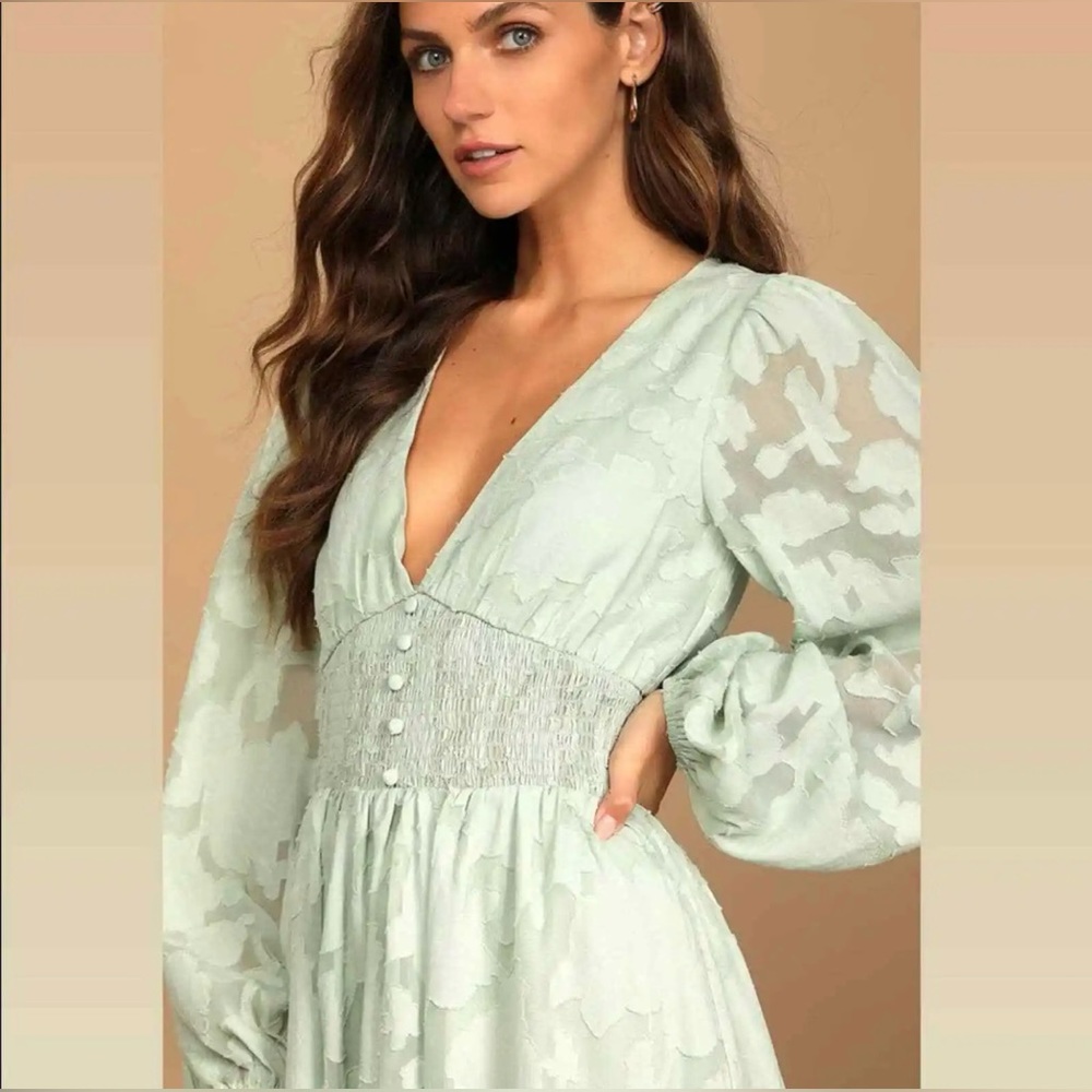 Lulu's Mint Green Long Sleeve Smock Waist Mini Dress - Picture 5 of 15